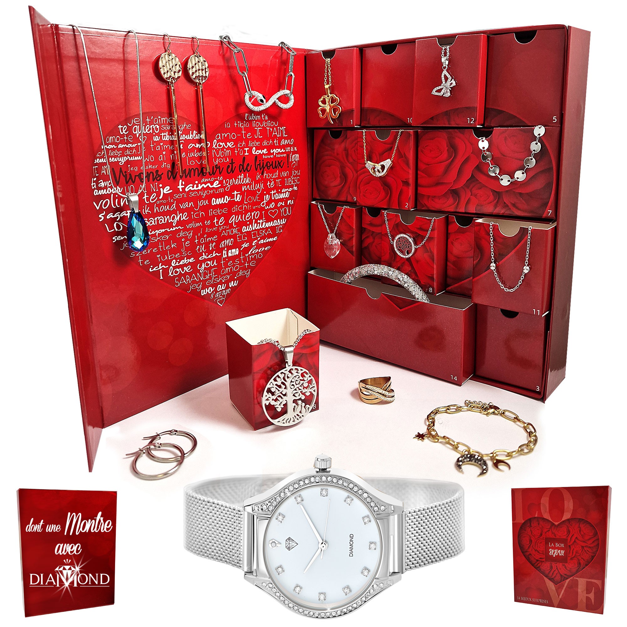 Caja de regalo sorpresa SoCharm - 13 joyas + 1 reloj adornado con un  diamante real